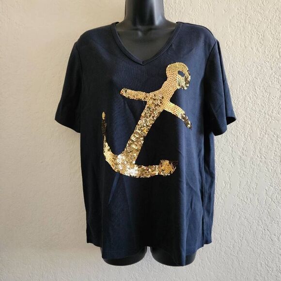 NWT Quacker Factory Sequined Anchor T-shirt - Picture 1 of 8